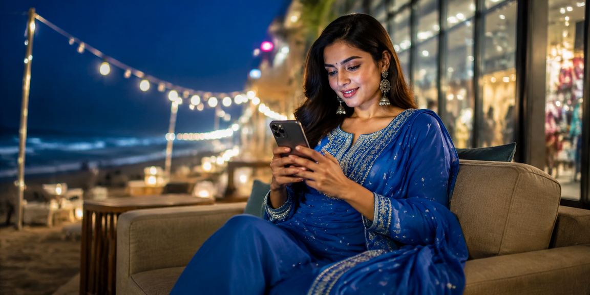 কক্সবাজারে সালওয়ার কামিজ পরিহিতা একজন নারী মোবাইলে অনলাইন ক্যাসিনো গেম উপভোগ করছেন